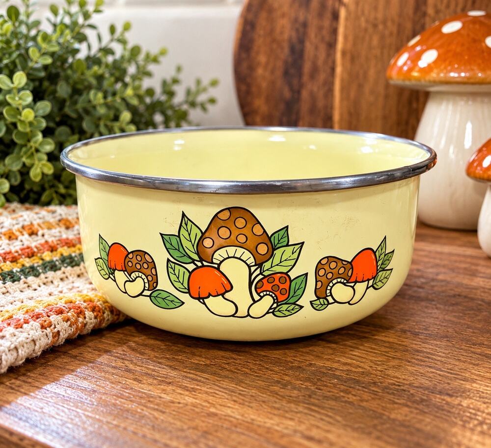 Vintage 1970s Sears Merry Mushroom Enamelware Bowl 6.5” Retro Kitchen